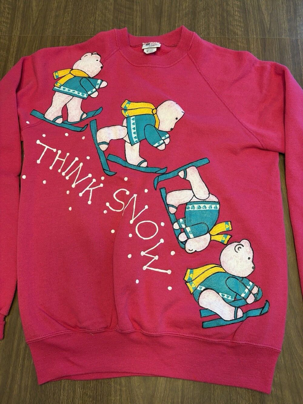 Think Snow Bears Sweatshirt LARGE Pink Hand Painted Winter Fun Vtg